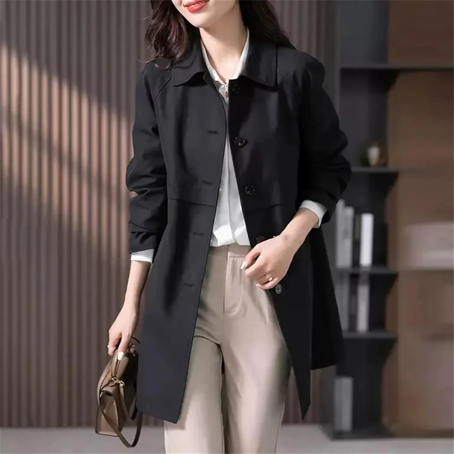 Women's Mid-Length Single-Breasted Trench Coat  Spring Jacket Casual Outerwear Work Office Coat With Lining