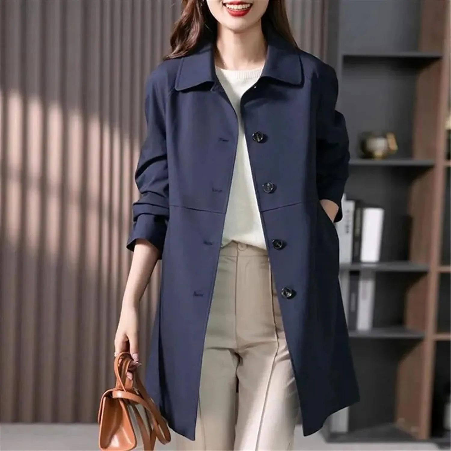 Women's Mid-Length Single-Breasted Trench Coat  Spring Jacket Casual Outerwear Work Office Coat With Lining