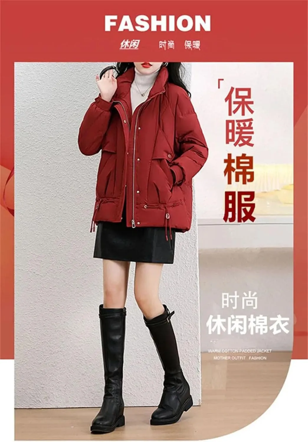 Women's Overcoat Parka Red Down Cotton-Padded Jacket Outerwear Thickened Keep Warm Coat Top