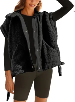 Women's Oversized Fleece Vest Casual Sleeveless Fuzzy Sherpa Jacket Winter Warm Button Down Outerwear with Pockets