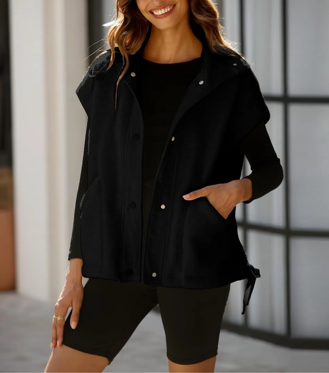Women's Oversized Fleece Vest Casual Sleeveless Fuzzy Sherpa Jacket Winter Warm Button Down Outerwear with Pockets