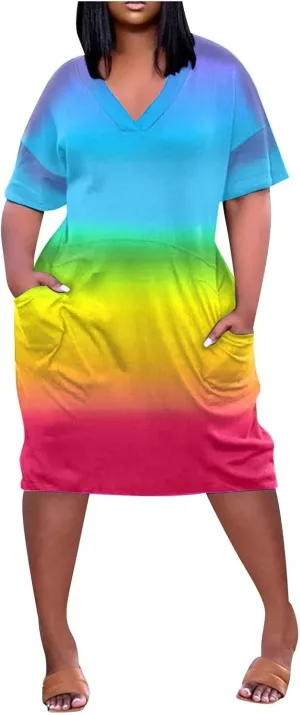 Women's Plus Size Summer Dresses 2025 Short Sleeve Knee Length Gradient Loose Tshirt Dresses Casual, L-5XL