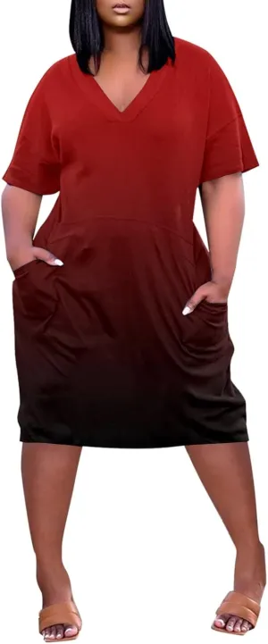 Women's Plus Size Summer Dresses 2025 Short Sleeve Knee Length Gradient Loose Tshirt Dresses Casual, L-5XL