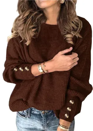 Womens Pullover Sweaters Batwing Long Sleeve Crewneck Casual Loose Knit Jumper Tops with Buttons