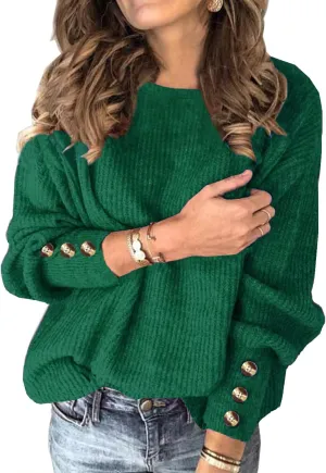 Womens Pullover Sweaters Batwing Long Sleeve Crewneck Casual Loose Knit Jumper Tops with Buttons