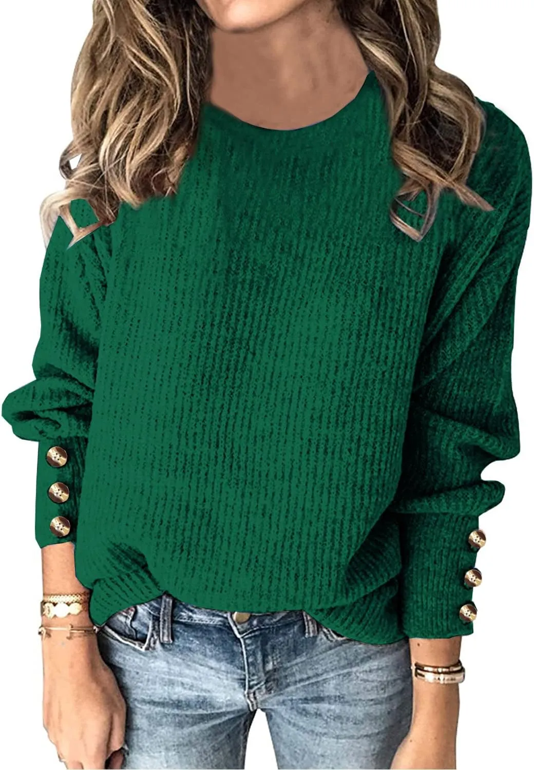 Womens Pullover Sweaters Batwing Long Sleeve Crewneck Casual Loose Knit Jumper Tops with Buttons