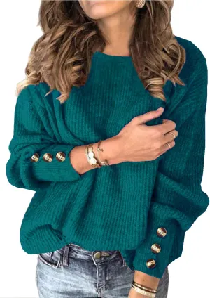 Womens Pullover Sweaters Batwing Long Sleeve Crewneck Casual Loose Knit Jumper Tops with Buttons