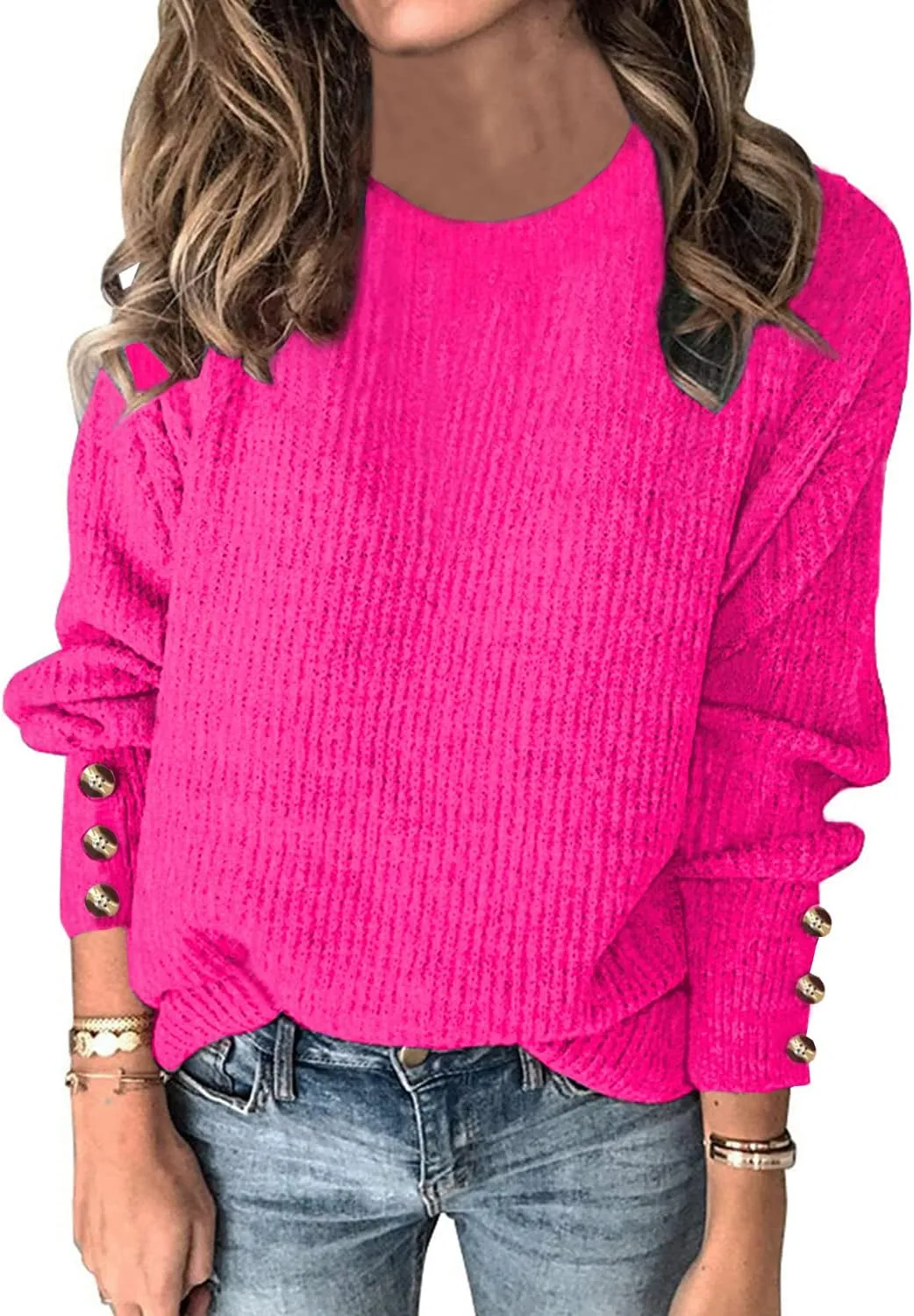 Womens Pullover Sweaters Batwing Long Sleeve Crewneck Casual Loose Knit Jumper Tops with Buttons