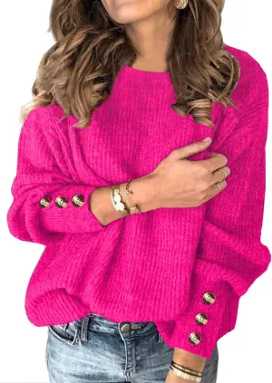 Womens Pullover Sweaters Batwing Long Sleeve Crewneck Casual Loose Knit Jumper Tops with Buttons