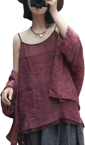 Womens Ramie Breathable Tank Tops Causal Sleeveless Floral Print Tops Summer Loose Fit Spaghetti Strap Cami Shirt