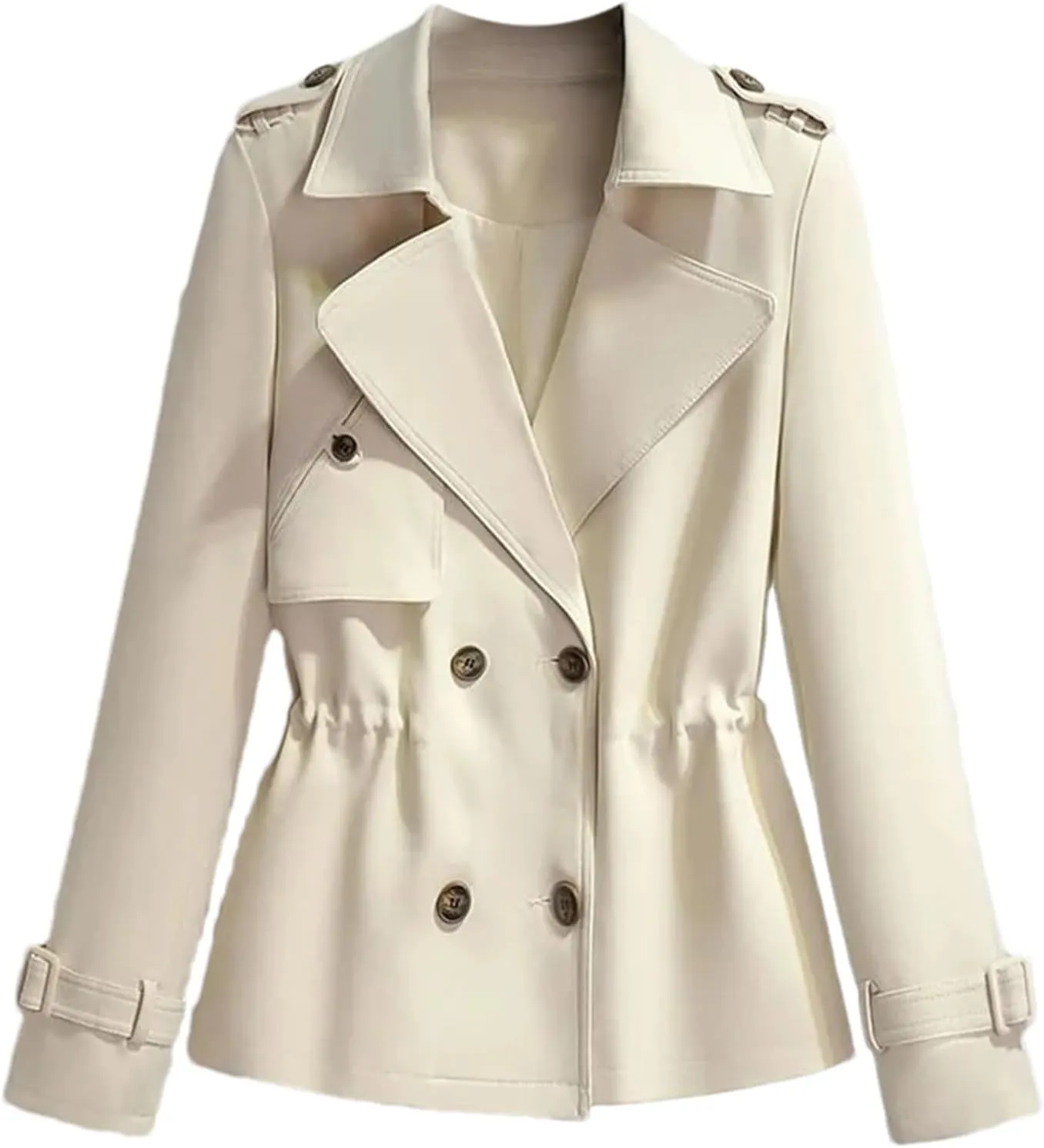 Women's Short Trench Coat  Drawstring Casual Jacket Spring Double-Breasted With Lining Office Outerwear For Ladies