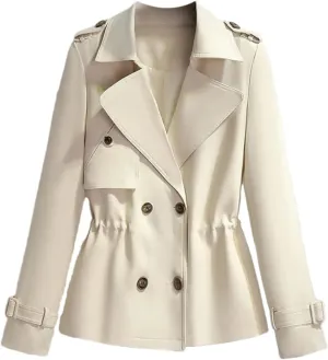 Women's Short Trench Coat  Drawstring Casual Jacket Spring Double-Breasted With Lining Office Outerwear For Ladies