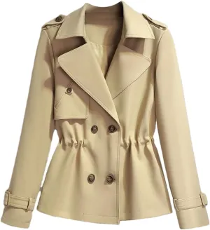 Women's Short Trench Coat  Drawstring Casual Jacket Spring Double-Breasted With Lining Office Outerwear For Ladies