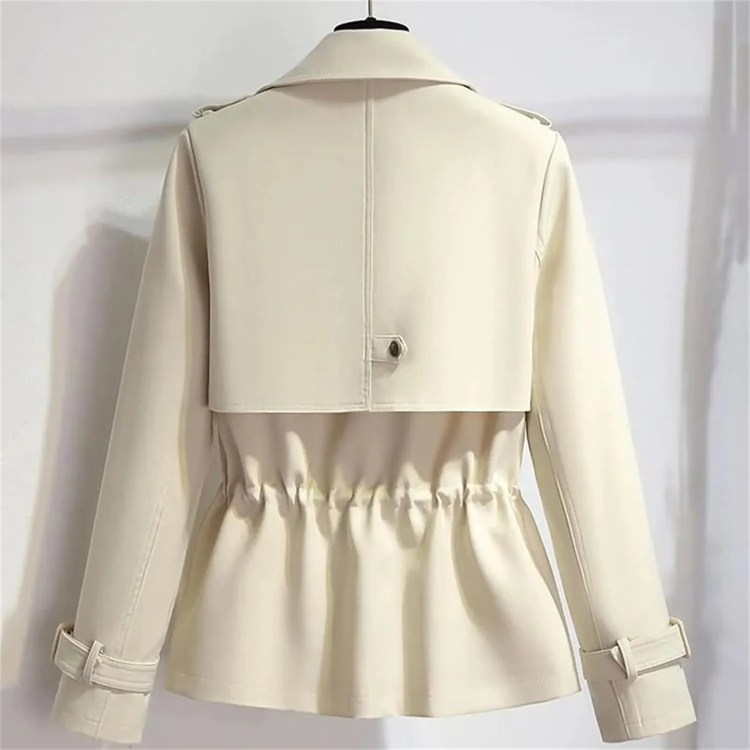 Women's Short Trench Coat  Drawstring Casual Jacket Spring Double-Breasted With Lining Office Outerwear For Ladies