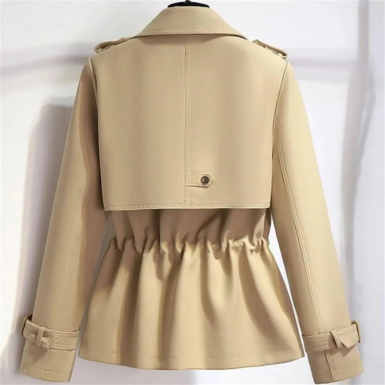 Women's Short Trench Coat  Drawstring Casual Jacket Spring Double-Breasted With Lining Office Outerwear For Ladies