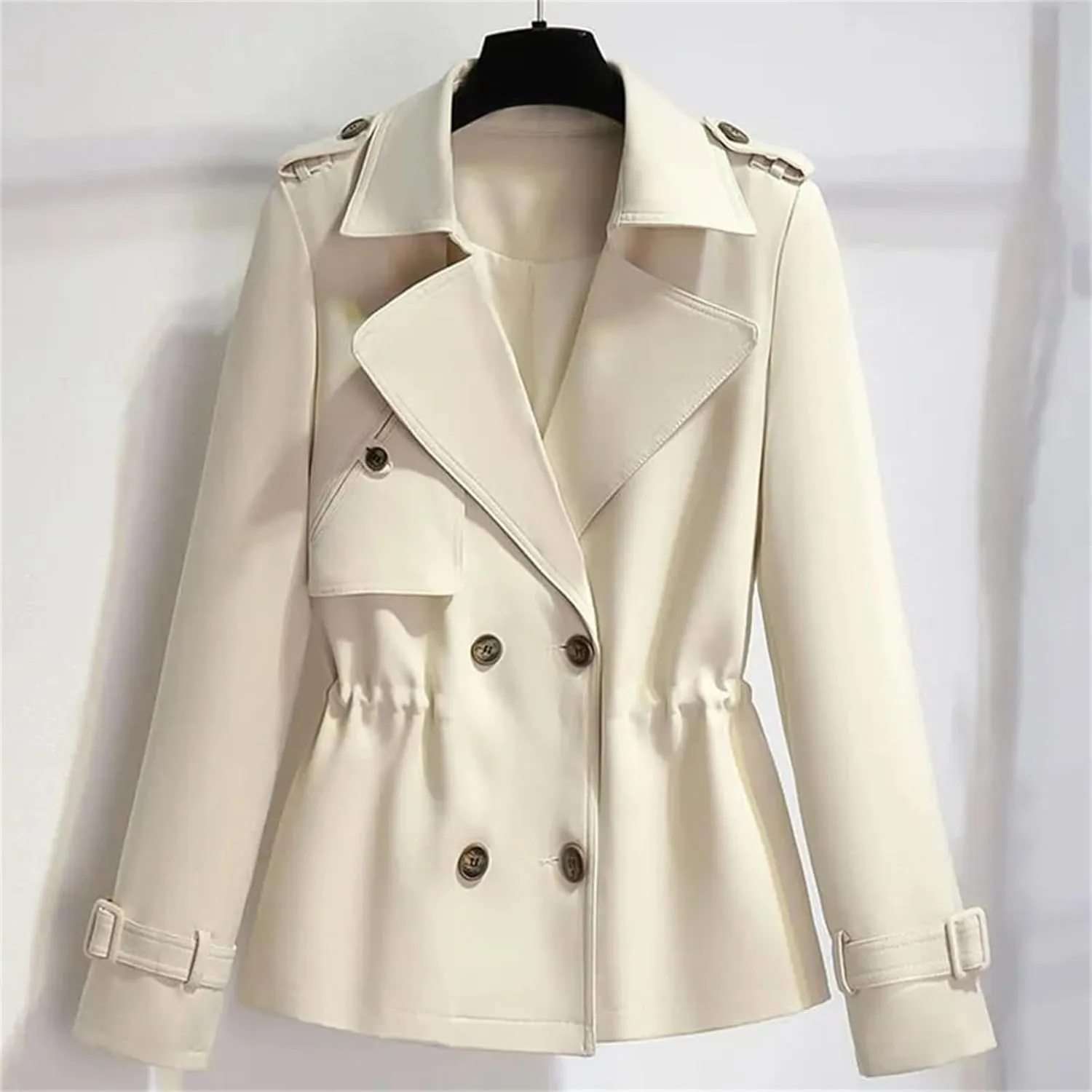 Women's Short Trench Coat  Drawstring Casual Jacket Spring Double-Breasted With Lining Office Outerwear For Ladies