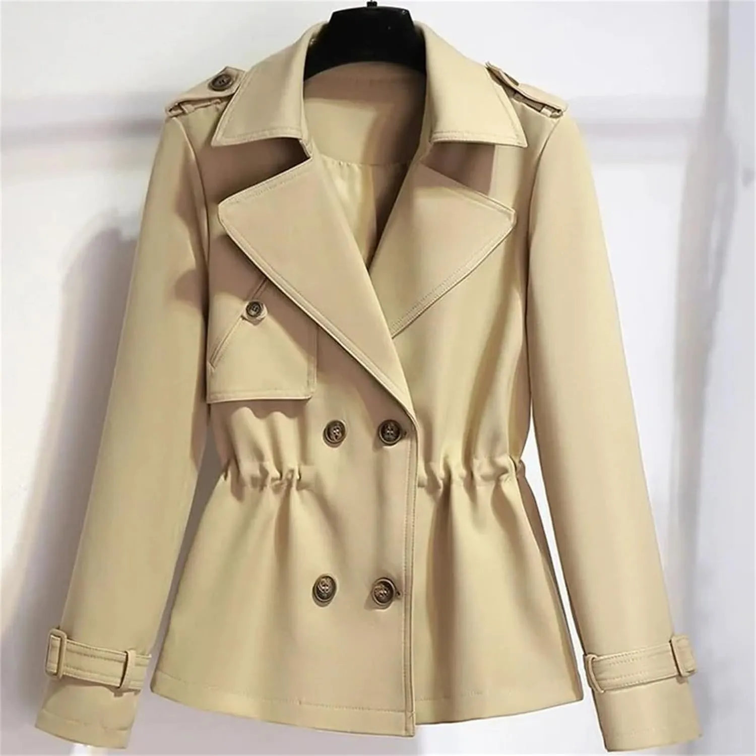 Women's Short Trench Coat  Drawstring Casual Jacket Spring Double-Breasted With Lining Office Outerwear For Ladies