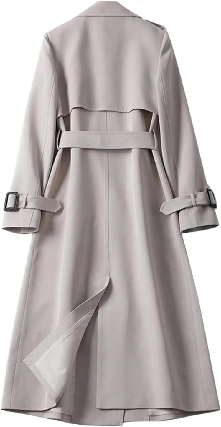 Women's Solid Windbreaker Slim Fit Trench Coat Long Jacket Outerwear with Belt Button