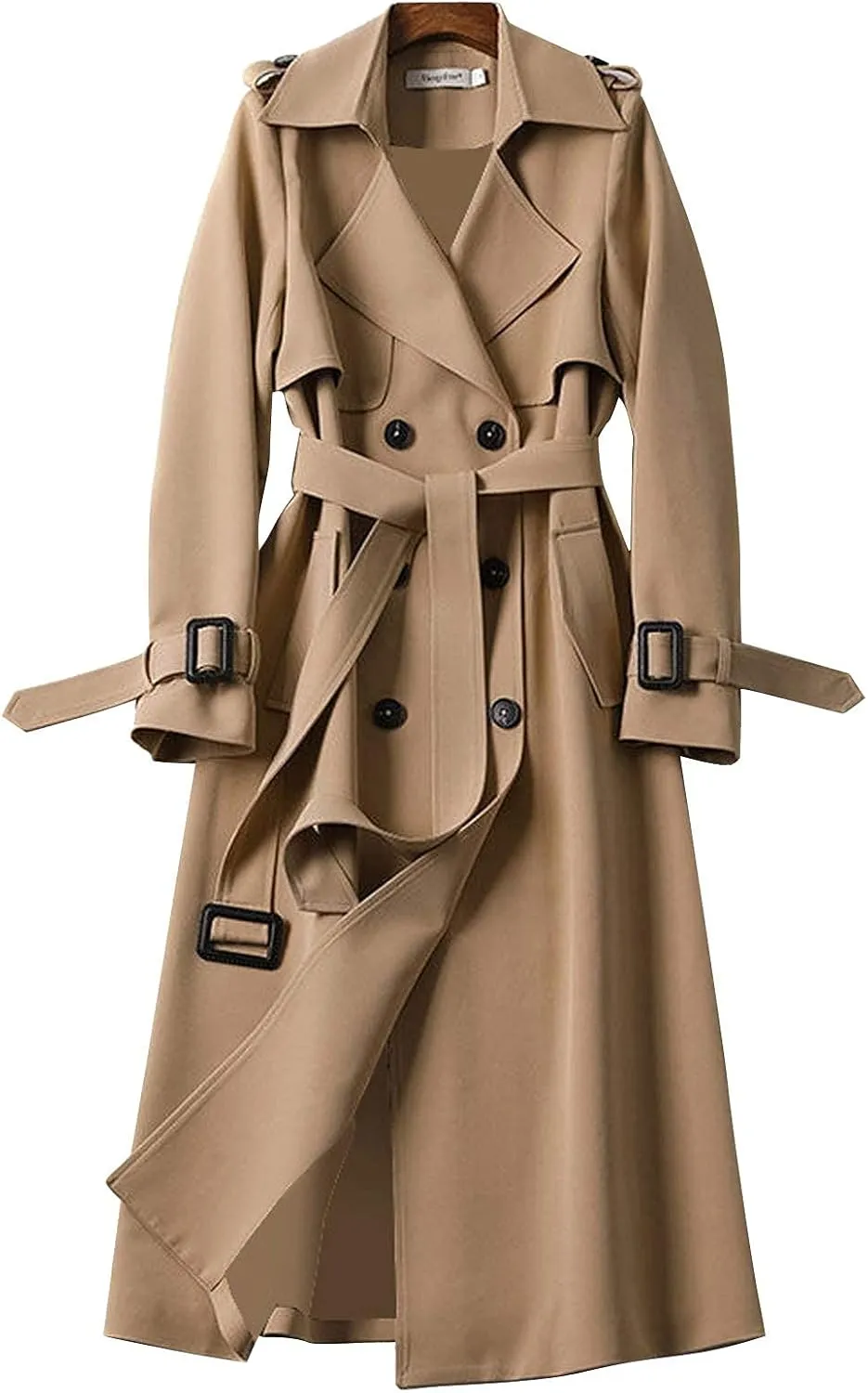 Women's Solid Windbreaker Slim Fit Trench Coat Long Jacket Outerwear with Belt Button