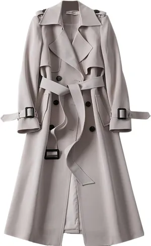 Women's Solid Windbreaker Slim Fit Trench Coat Long Jacket Outerwear with Belt Button