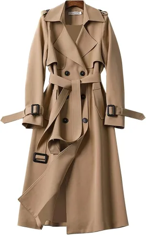 Women's Solid Windbreaker Slim Fit Trench Coat Long Jacket Outerwear with Belt Button