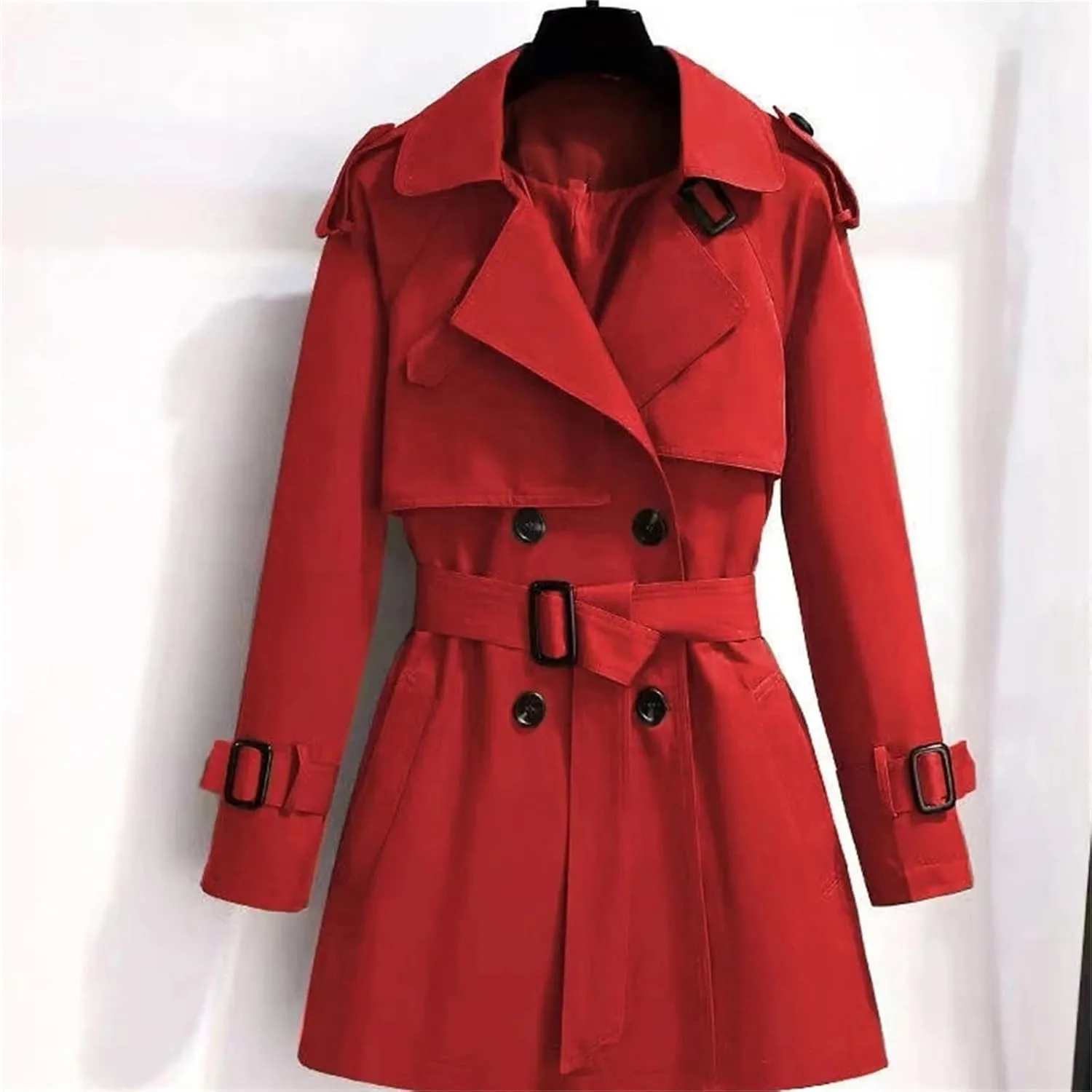 Women's Spring Trench Coat  Double-Breasted All-Match Casual Wind-Breaker Belted Loose Fit Medium Length Outerwear
