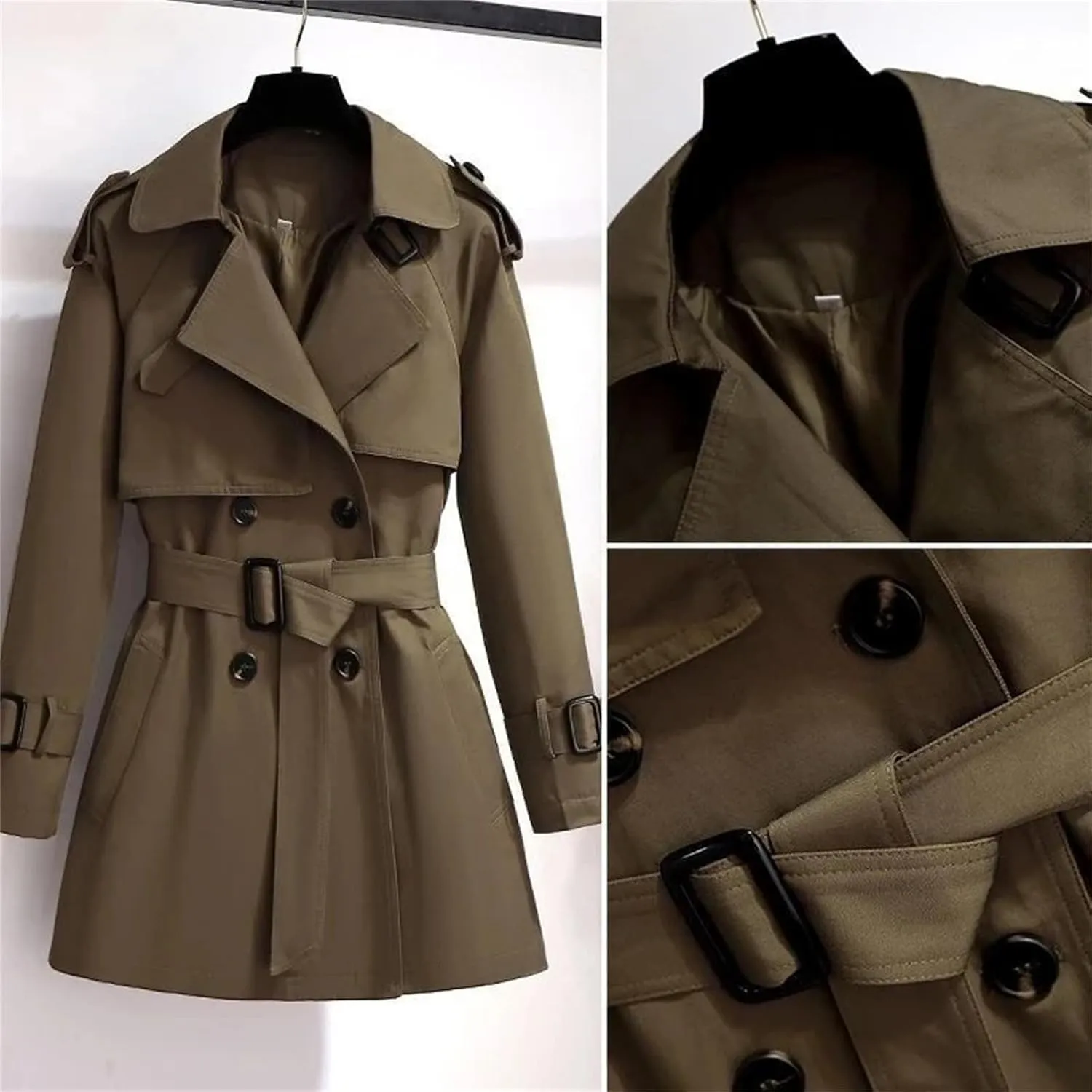 Women's Spring Trench Coat  Double-Breasted All-Match Casual Wind-Breaker Belted Loose Fit Medium Length Outerwear