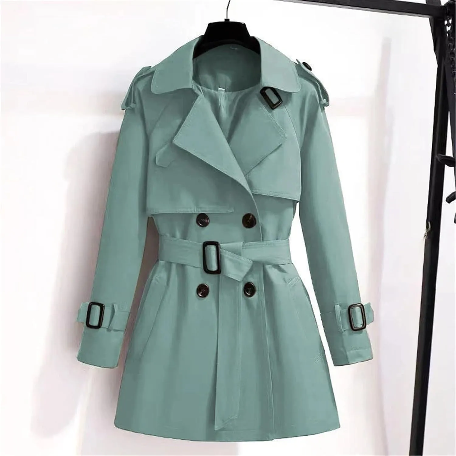 Women's Spring Trench Coat  Double-Breasted All-Match Casual Wind-Breaker Belted Loose Fit Medium Length Outerwear