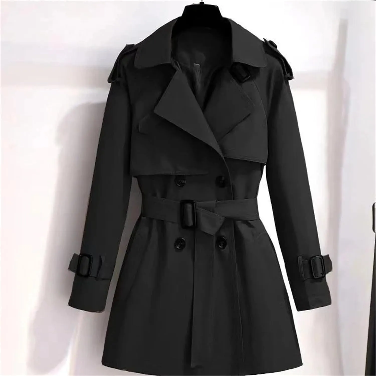 Women's Spring Trench Coat  Double-Breasted All-Match Casual Wind-Breaker Belted Loose Fit Medium Length Outerwear