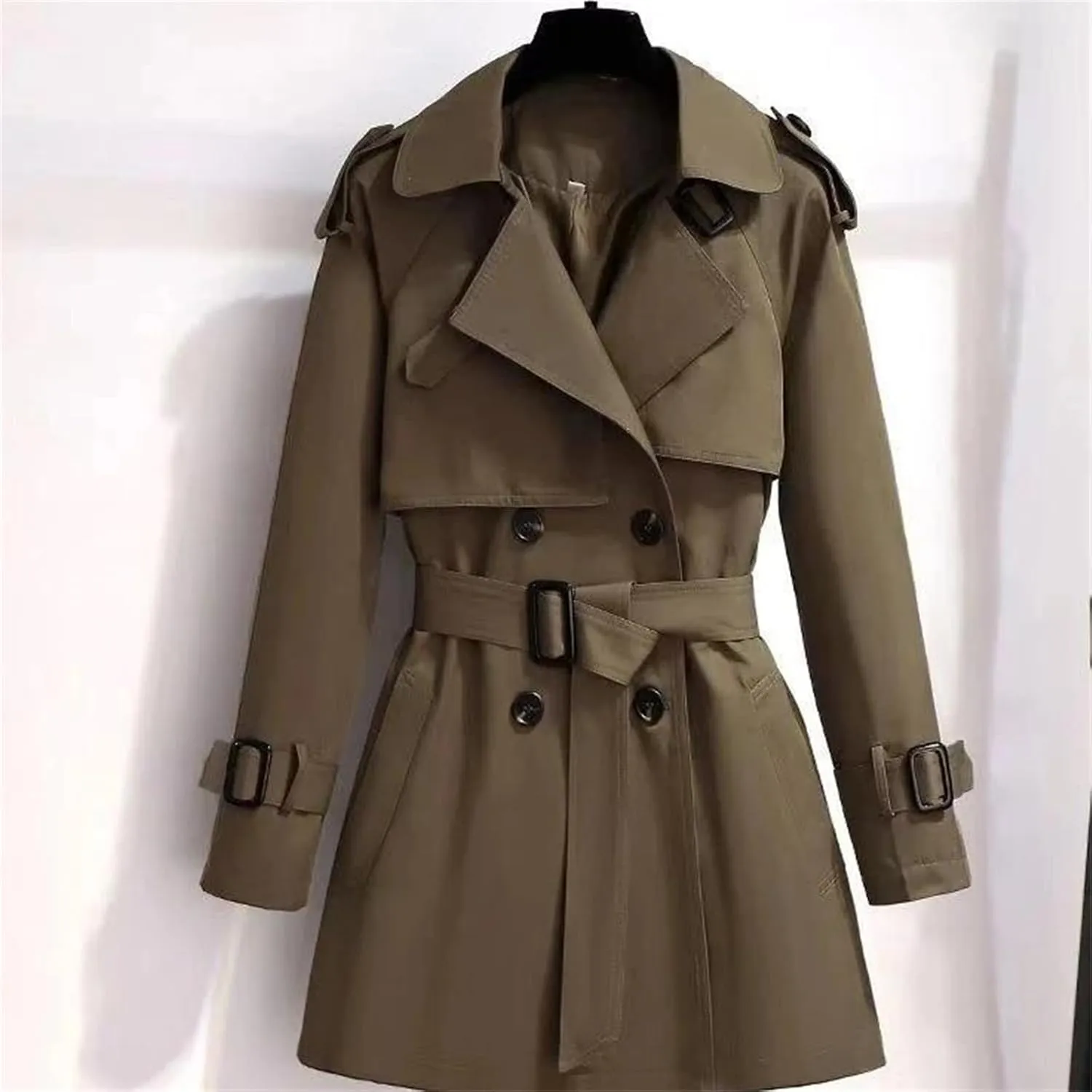 Women's Spring Trench Coat  Double-Breasted All-Match Casual Wind-Breaker Belted Loose Fit Medium Length Outerwear
