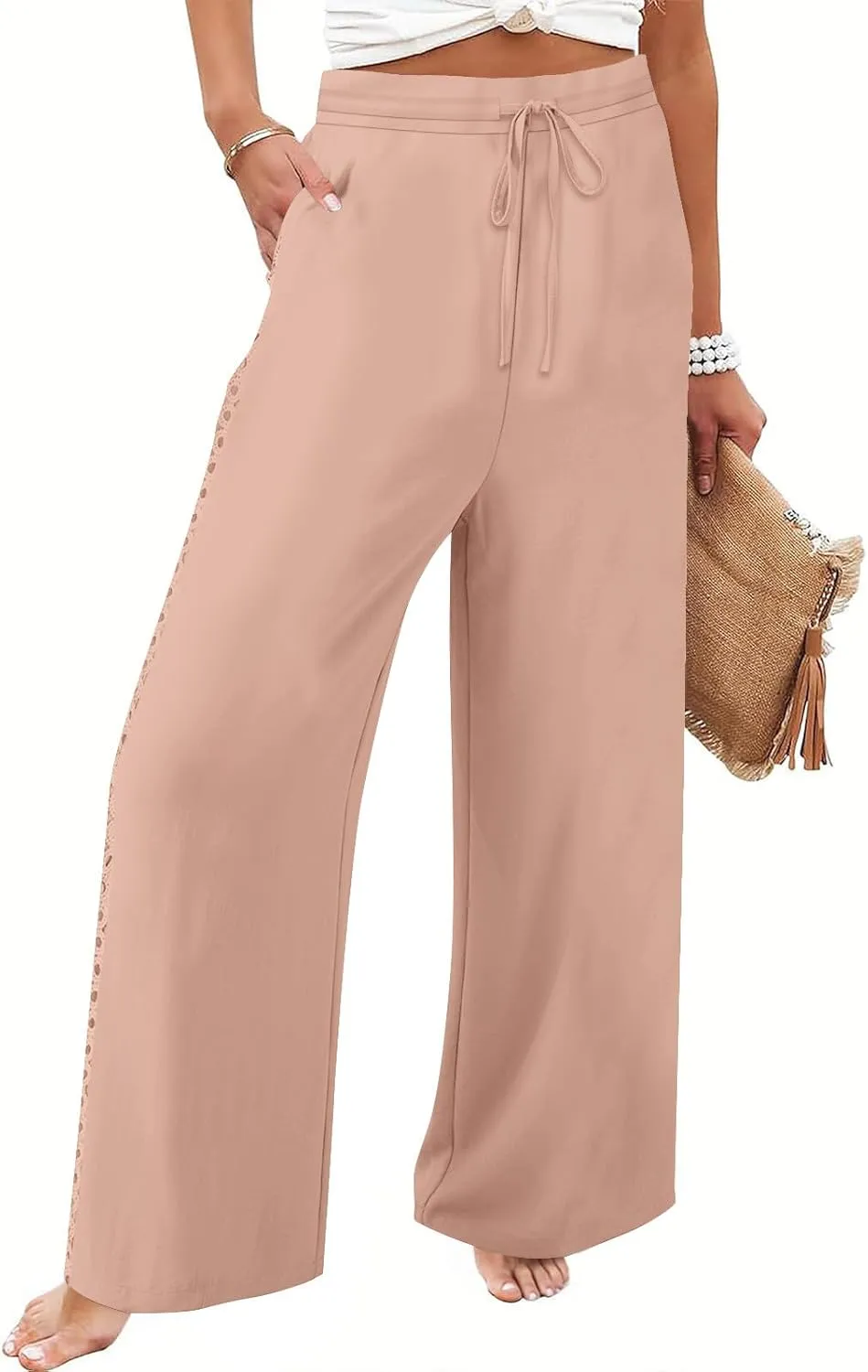 Womens Summer Linen Pants Beach Vacation Clothing Wide Leg High Waisted Drawstring Lace Cutout Linen Pants Trousers