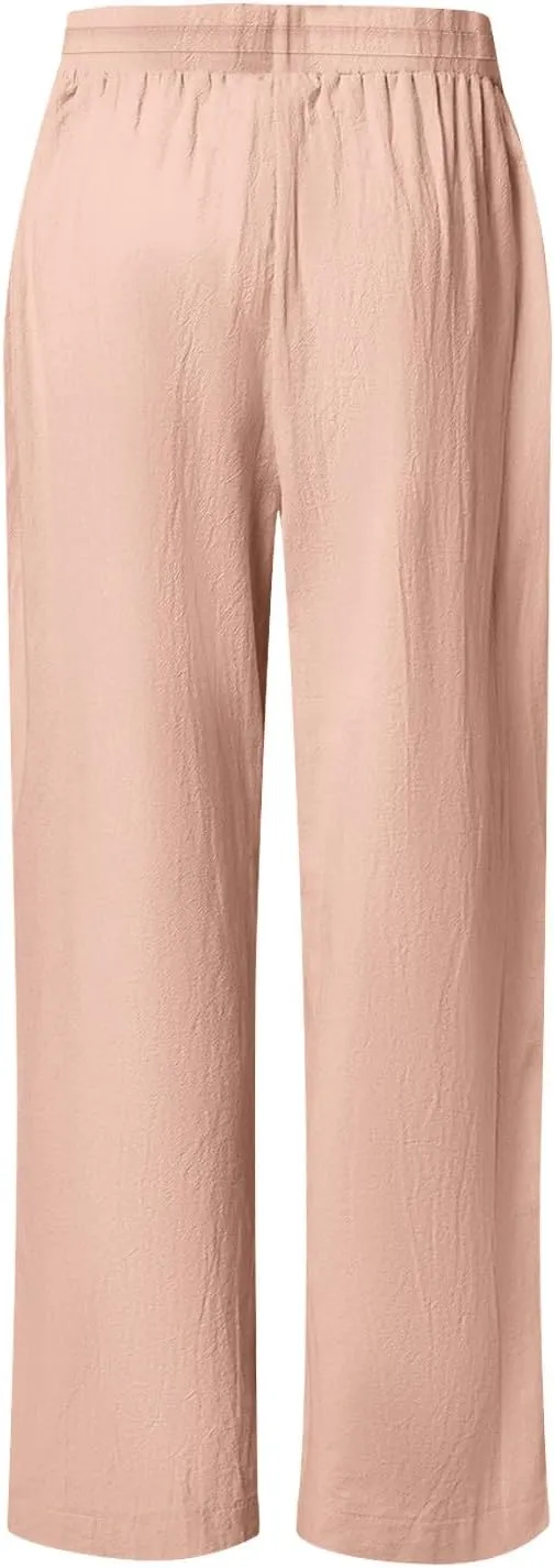 Womens Summer Linen Pants Beach Vacation Clothing Wide Leg High Waisted Drawstring Lace Cutout Linen Pants Trousers