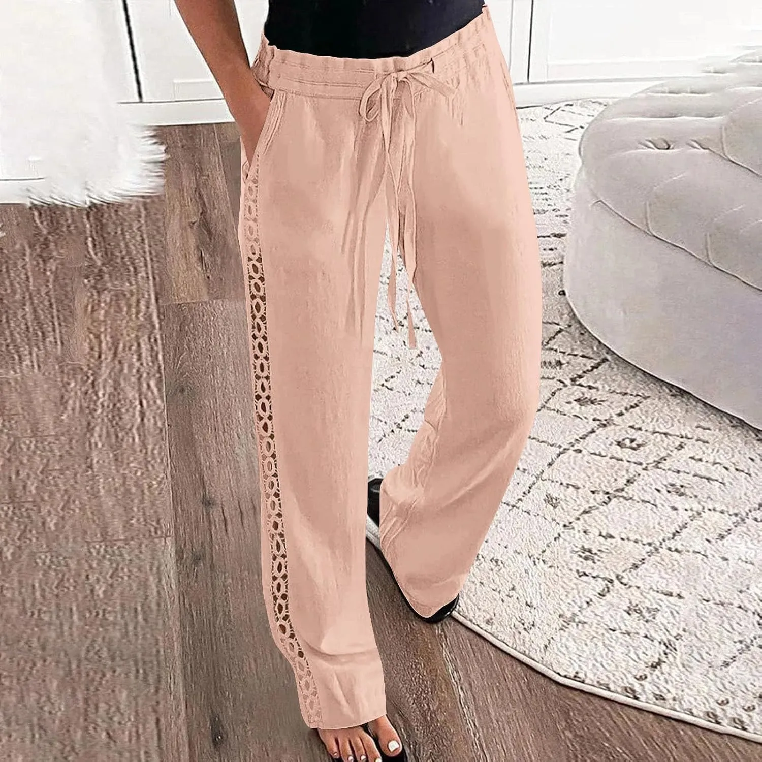 Womens Summer Linen Pants Beach Vacation Clothing Wide Leg High Waisted Drawstring Lace Cutout Linen Pants Trousers