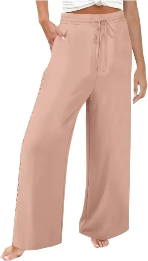Womens Summer Linen Pants Beach Vacation Clothing Wide Leg High Waisted Drawstring Lace Cutout Linen Pants Trousers