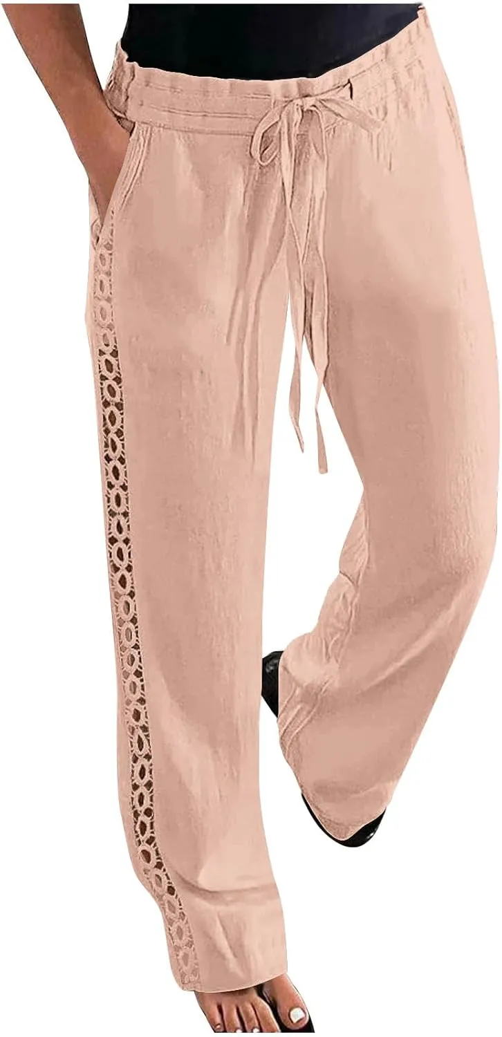 Womens Summer Linen Pants Beach Vacation Clothing Wide Leg High Waisted Drawstring Lace Cutout Linen Pants Trousers