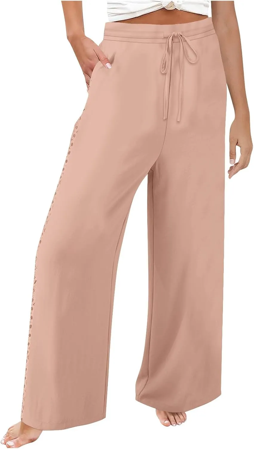 Womens Summer Linen Pants Beach Vacation Clothing Wide Leg High Waisted Drawstring Lace Cutout Linen Pants Trousers
