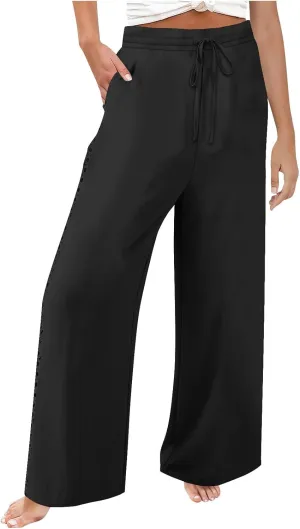 Womens Summer Linen Pants Beach Vacation Clothing Wide Leg High Waisted Drawstring Lace Cutout Linen Pants Trousers