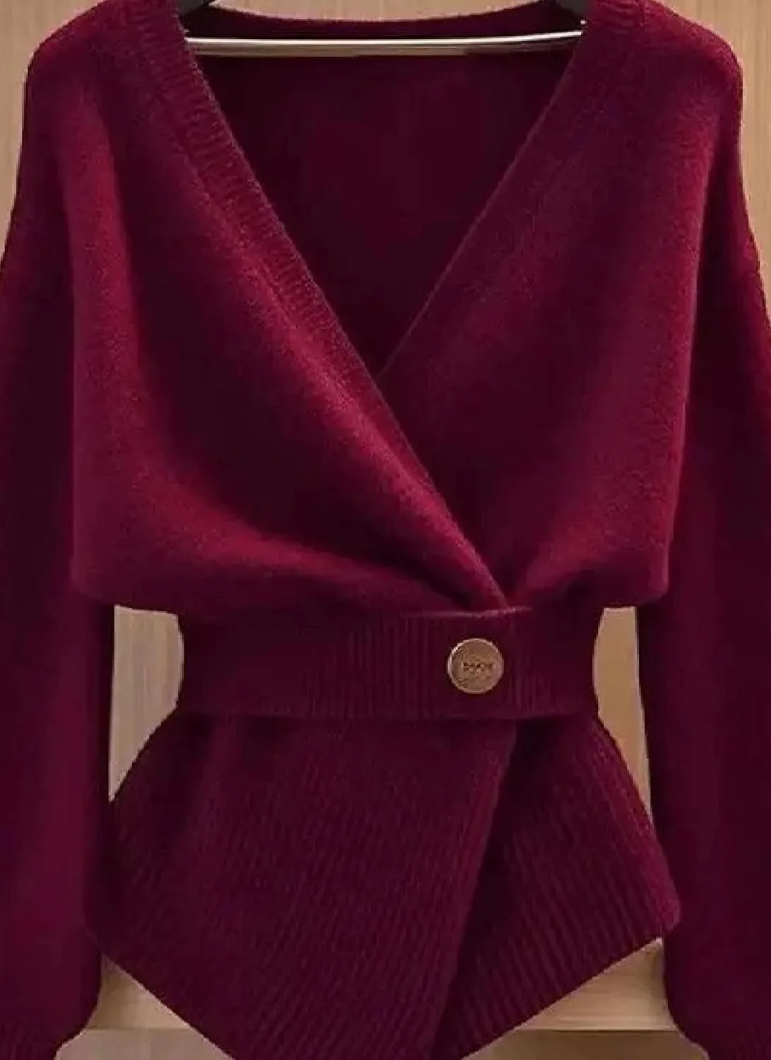 Women's V-Neck Burgundy Solid Tunic Sweaters with Waist Button Detail Long Sleeve Slim Fit Knit Tops 2025 Spring Fashion