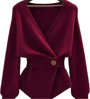Women's V-Neck Burgundy Solid Tunic Sweaters with Waist Button Detail Long Sleeve Slim Fit Knit Tops 2025 Spring Fashion
