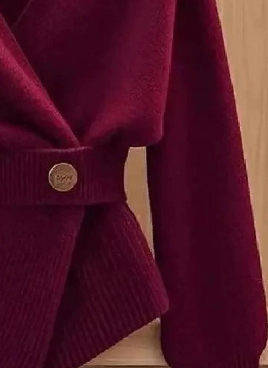 Women's V-Neck Burgundy Solid Tunic Sweaters with Waist Button Detail Long Sleeve Slim Fit Knit Tops 2025 Spring Fashion