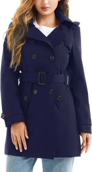 Women's Waterproof Trench Coat Double-Breasted Classic Lapel Petite Overcoat Belted Slim Outerwear Coat