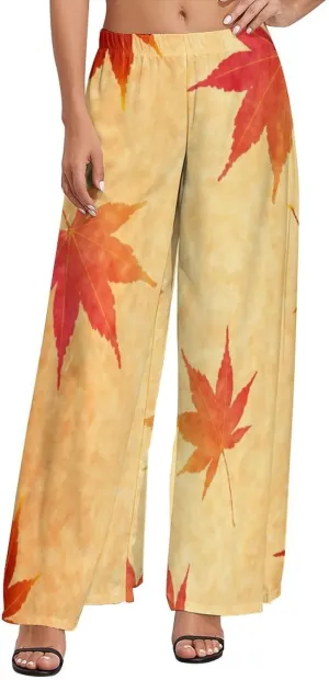 Womens Wide Leg Pants Autumn Maple Leaves Dressy High Waist Trousers Casual Loose Flowy Palazzo Pants