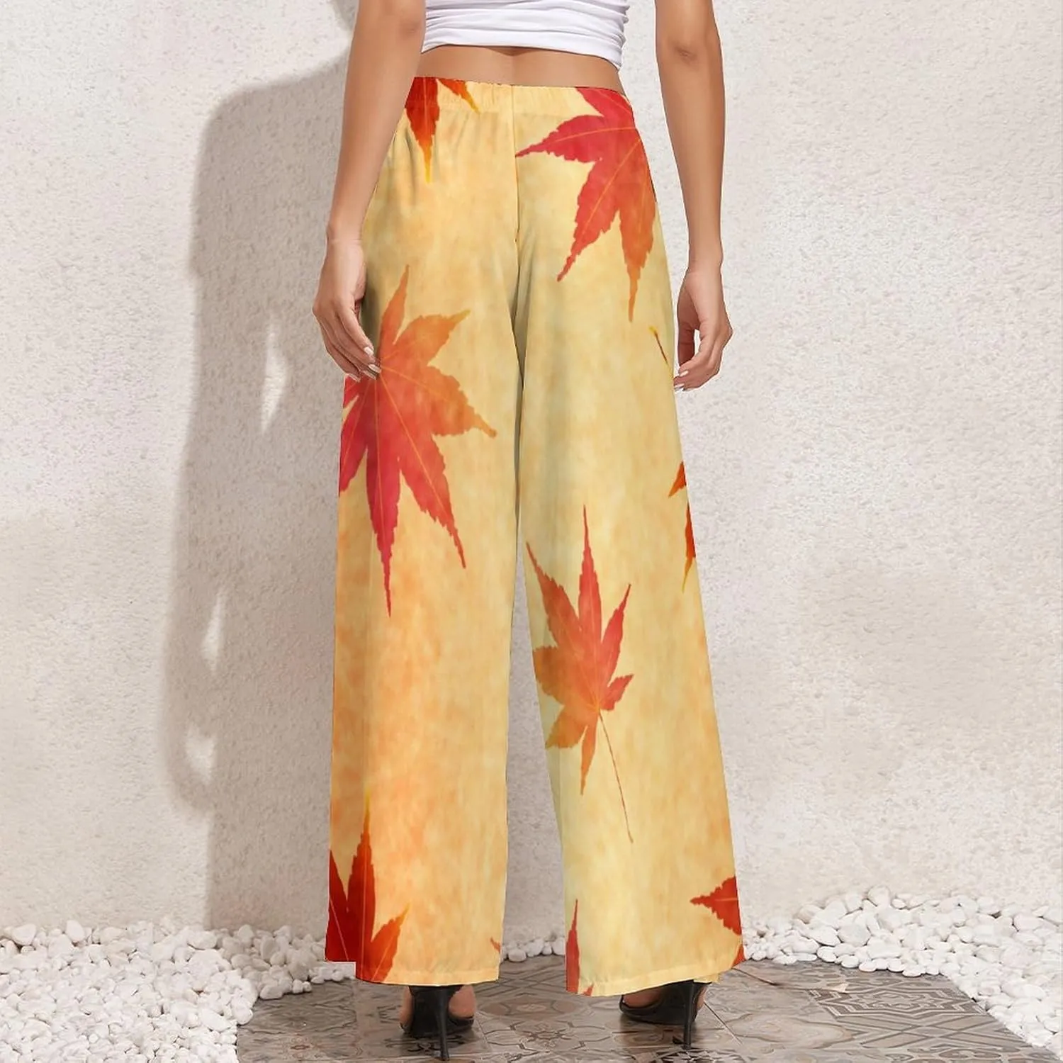 Womens Wide Leg Pants Autumn Maple Leaves Dressy High Waist Trousers Casual Loose Flowy Palazzo Pants