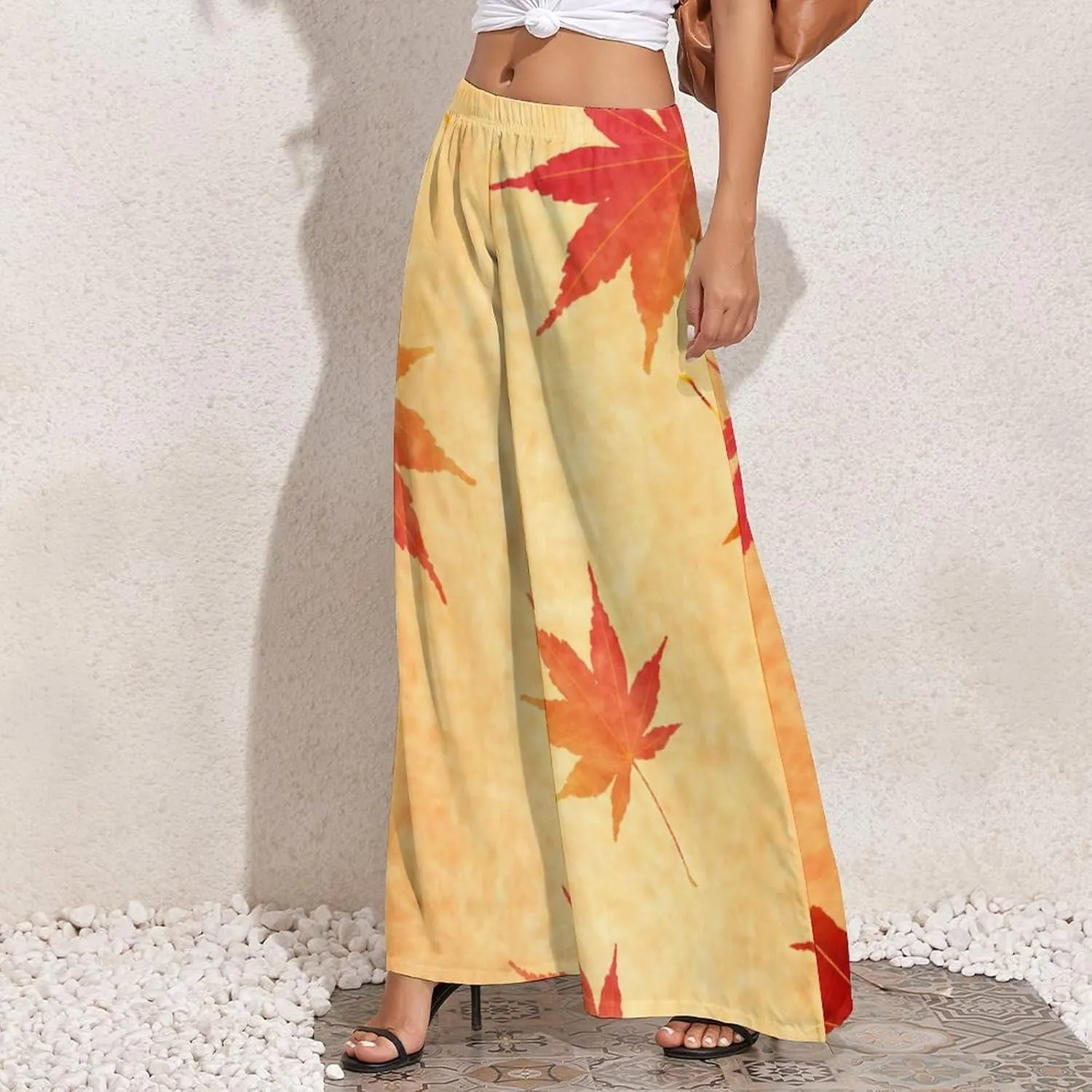 Womens Wide Leg Pants Autumn Maple Leaves Dressy High Waist Trousers Casual Loose Flowy Palazzo Pants