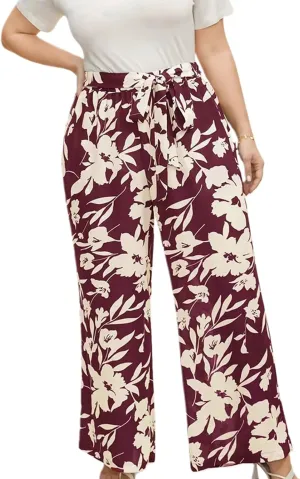 Women's Wide Leg Pants Elastic High Waist Floral Print Pants Plus Size Trousers with Pockets