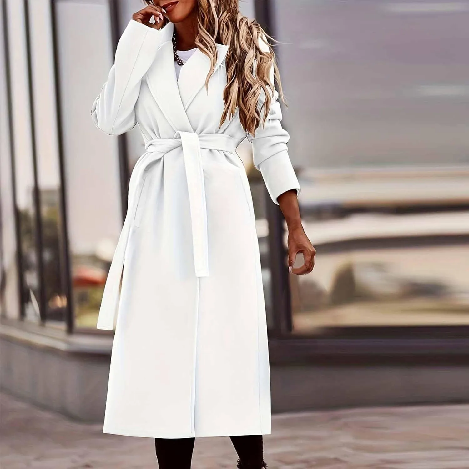 Womens Winter Trench Coat Casual Notch Collarde Long Length Pea Coats Elegant Belted Loose Windbreaker Overcoats