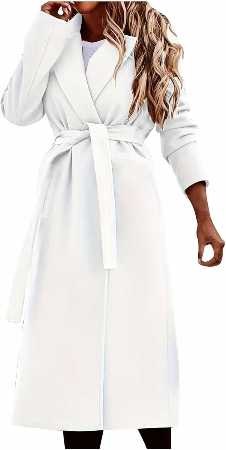 Womens Winter Trench Coat Casual Notch Collarde Long Length Pea Coats Elegant Belted Loose Windbreaker Overcoats