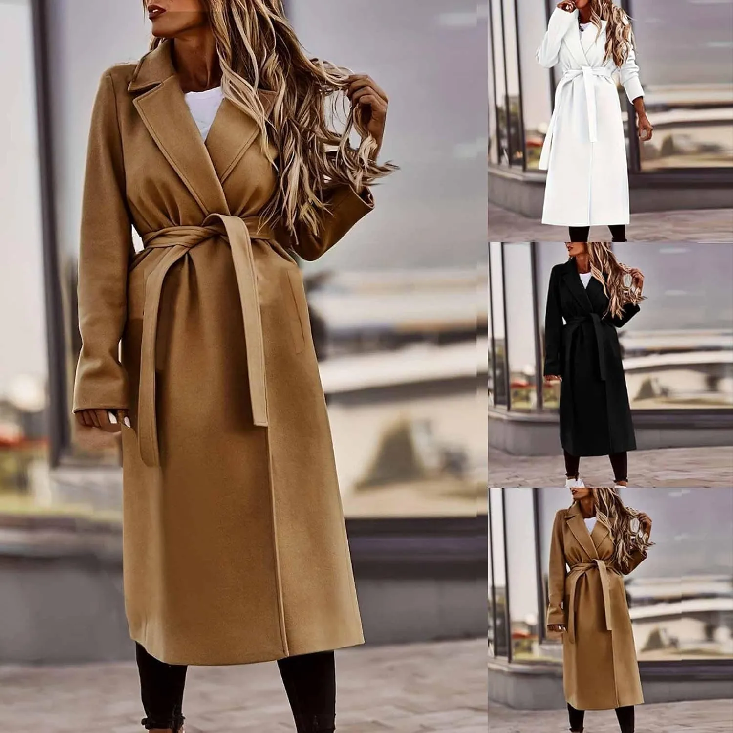 Womens Winter Trench Coat Casual Notch Collarde Long Length Pea Coats Elegant Belted Loose Windbreaker Overcoats