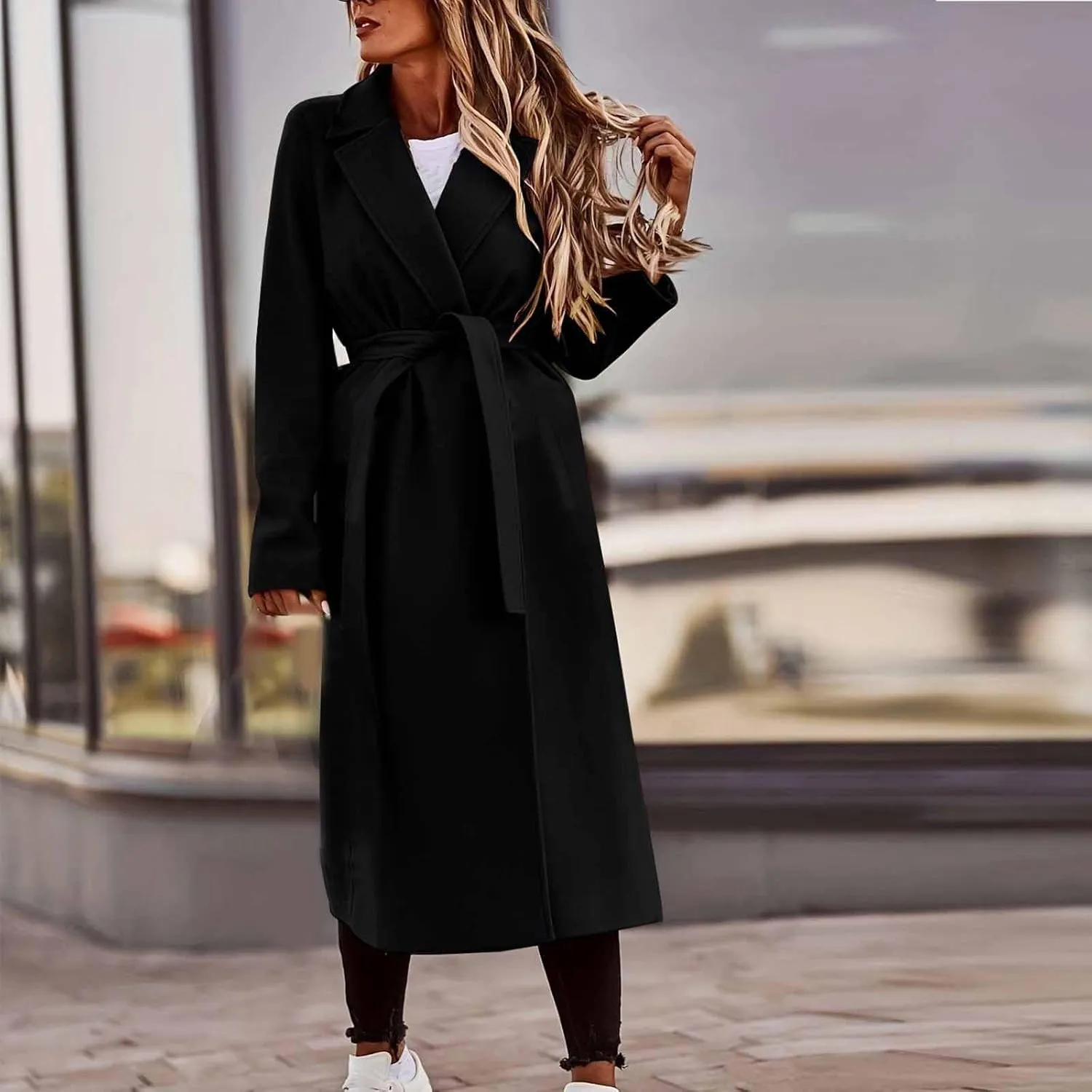 Womens Winter Trench Coat Casual Notch Collarde Long Length Pea Coats Elegant Belted Loose Windbreaker Overcoats