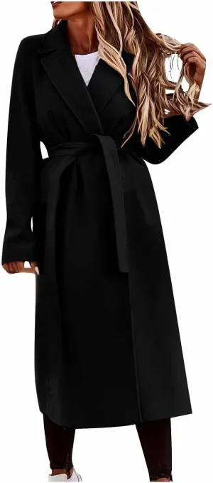 Womens Winter Trench Coat Casual Notch Collarde Long Length Pea Coats Elegant Belted Loose Windbreaker Overcoats